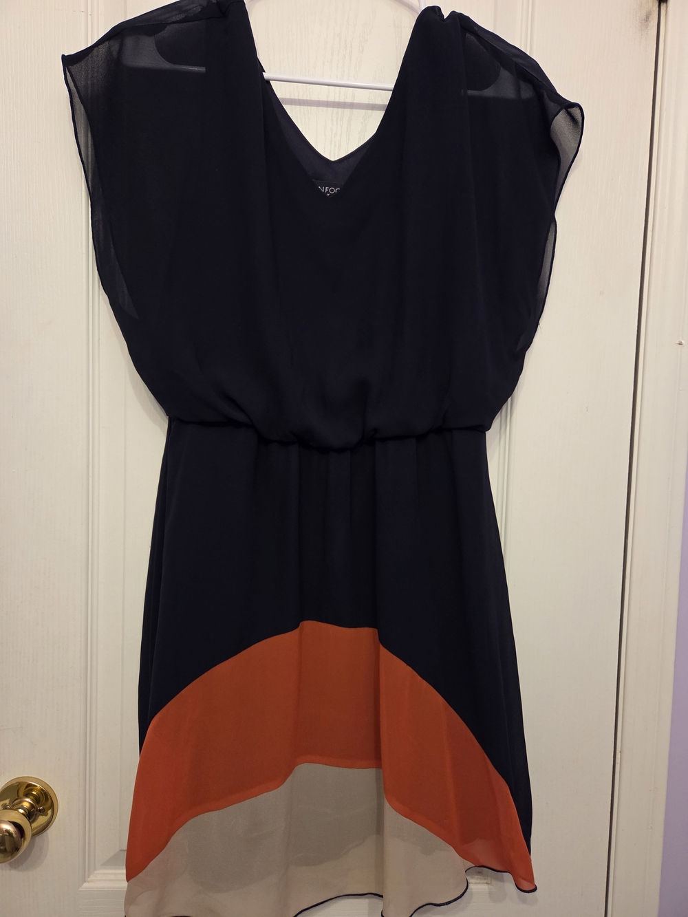 Enfocus Studio Navy Dress with Rust and Cream Colorblock Hem